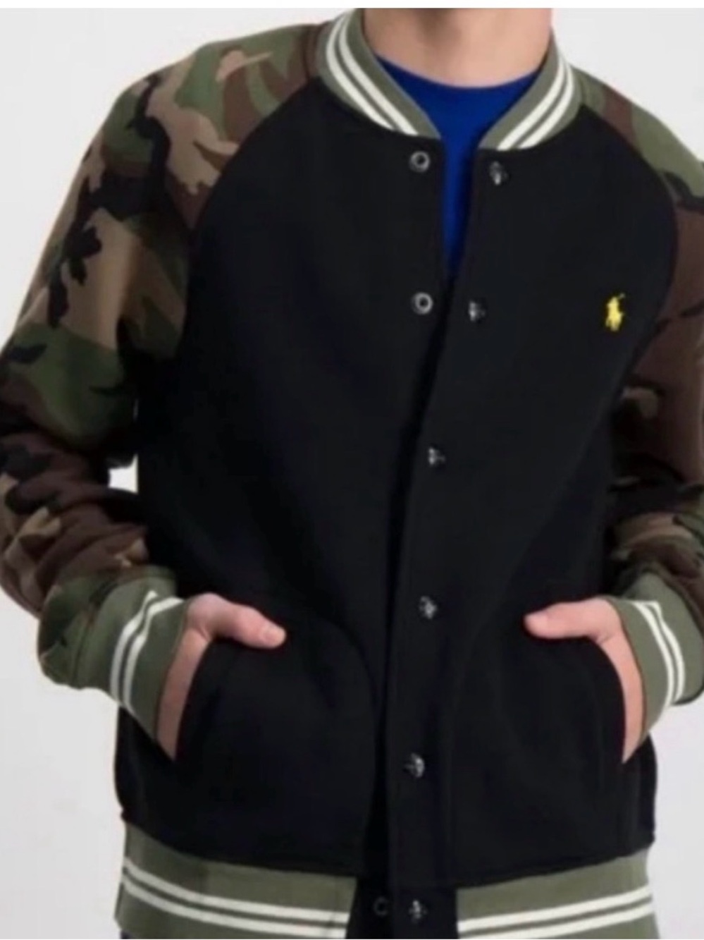 Polo Ralph Lauren Black Varsity Jacket with Camo Sleeves - Size small, worn once